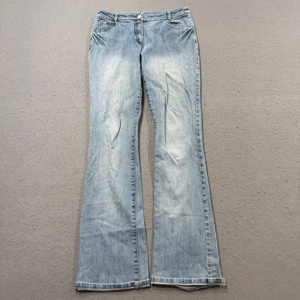 Y2K Flare Leg Jeans Women's 36 Blue Light Wash Denim Slim Fit Mid Rise Stretch